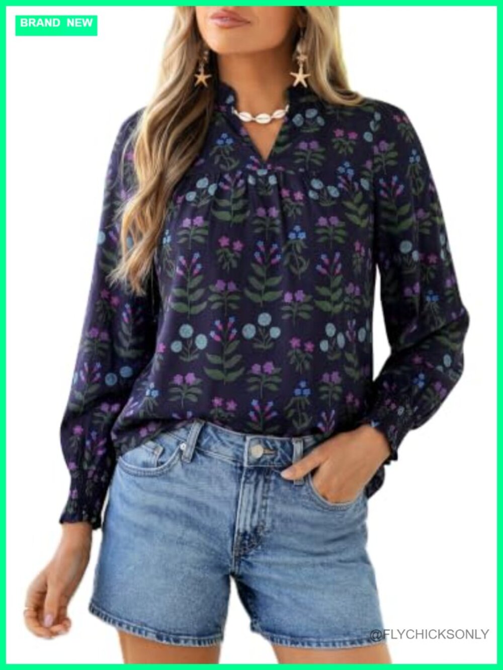 Boho Floral Blouse V-Neck Smocked Cuff Long Sleeve Dressy Casual